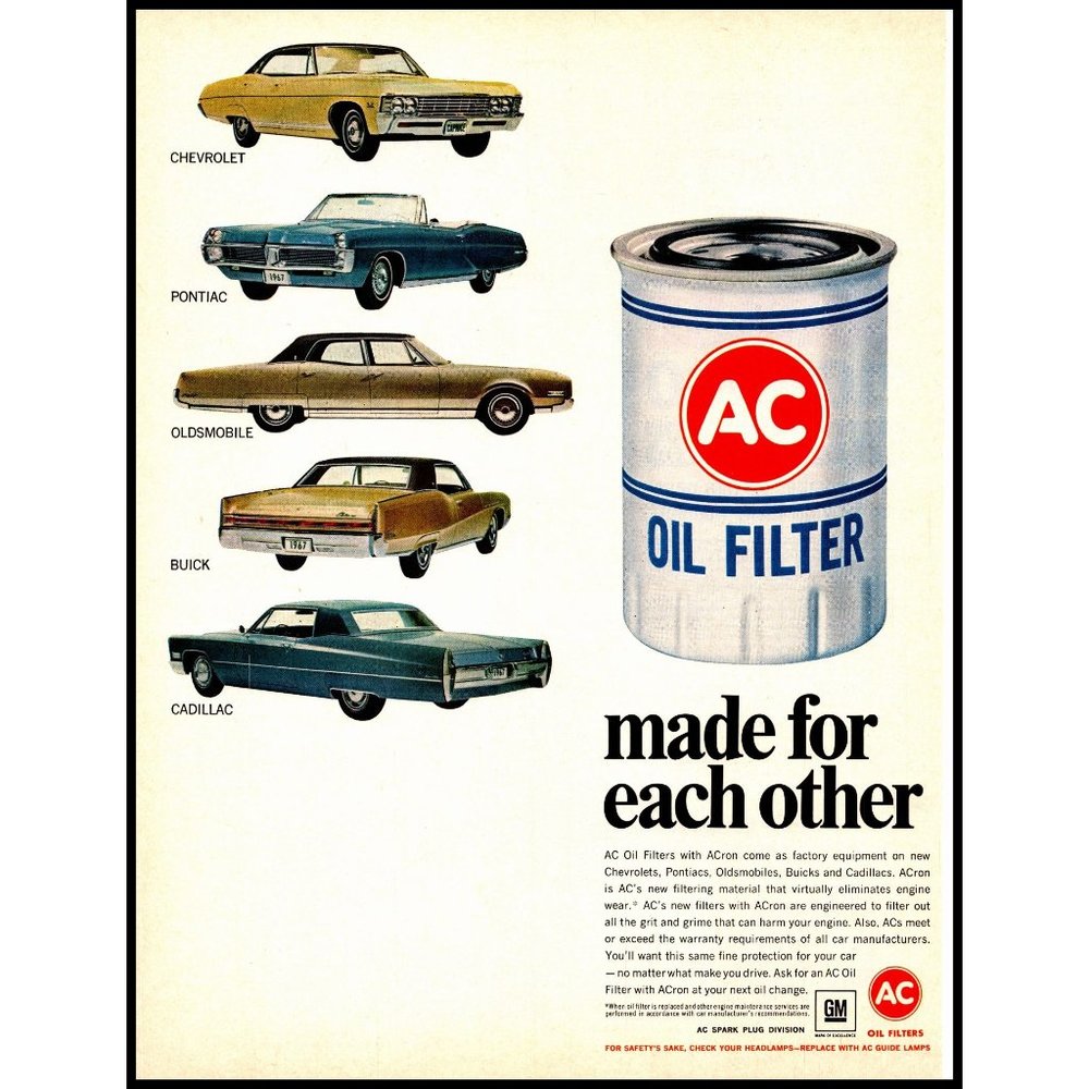 1967 AC Oil Filter Vintage Print Ad Chevy Cadillac Pontiac Oldsmobile Wall Art
